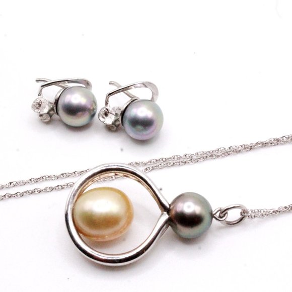 Vintage Sterling Silver Rhodium Plate Freshwater Pearl Necklace Earrings Set - Picture 1 of 6